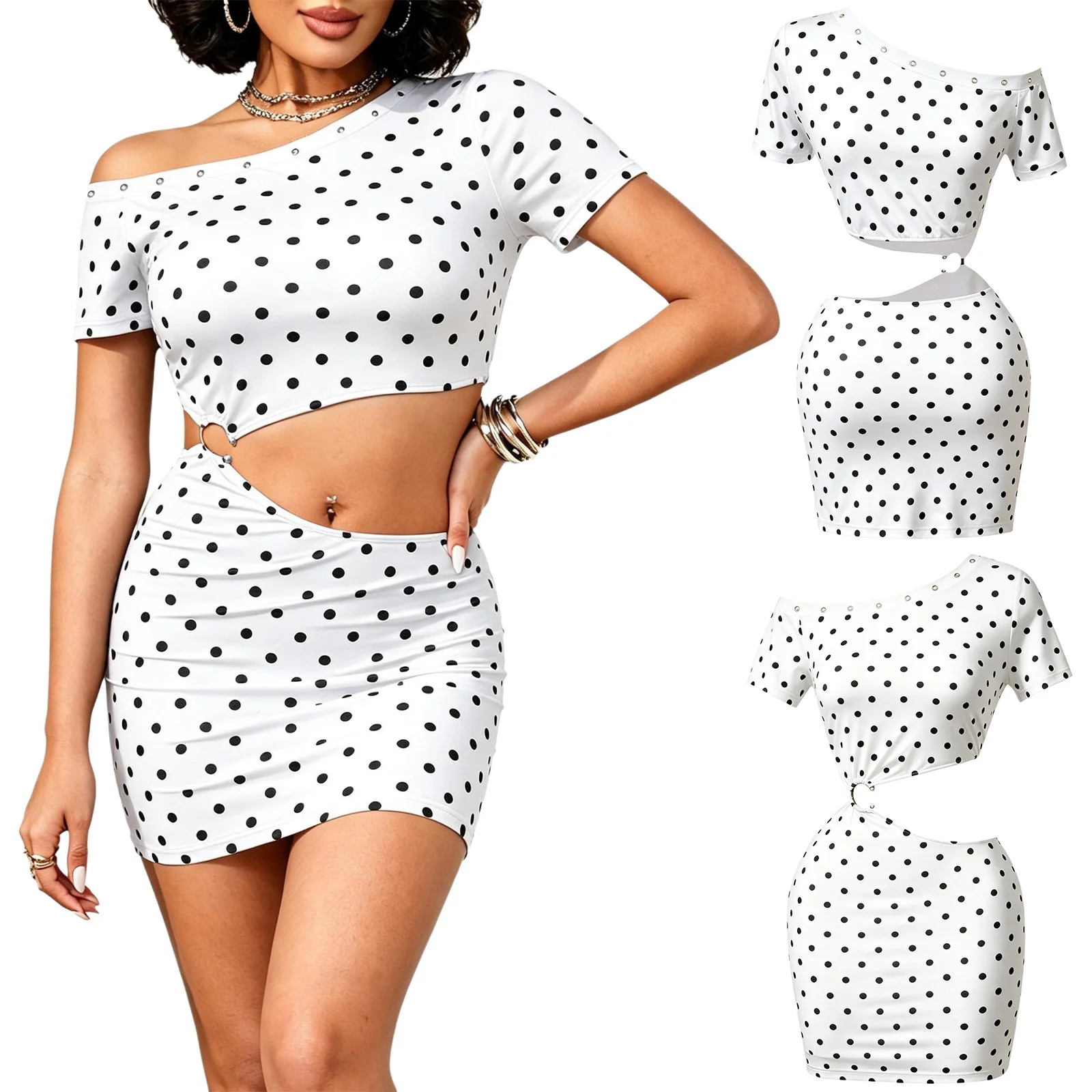 Womens Bodycon Dress Asymmetric One-shoulder Neckline Polka Dot Cutout Mini Dress for Birthday Party Club Night Outing Dating