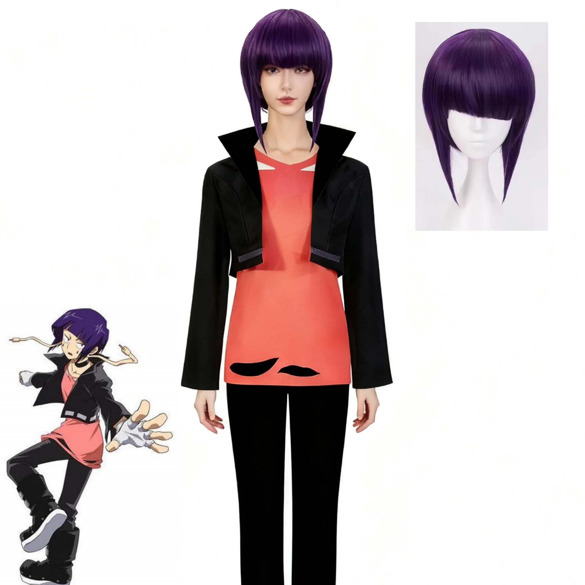 

Anime My Hero Academia Jiro Kyoka Cosplay Costume Wig Black Waistcoat Pink Shirt Full Set Role Play Uniform for Party