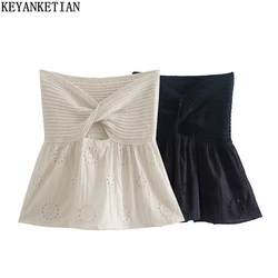 KEYANKETIAN Ladies Knotted Hollow Knit Tube Top Mujer Summer New High Waist Embroidered Stitching One-Line Neck Tank Top