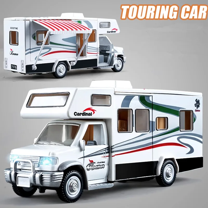 1:28 Diecast Luxury RV Recreational Vehicle Car Model Metal Camper Van Motorhome Touring Car Model Sound and Light Kids Toy Gift