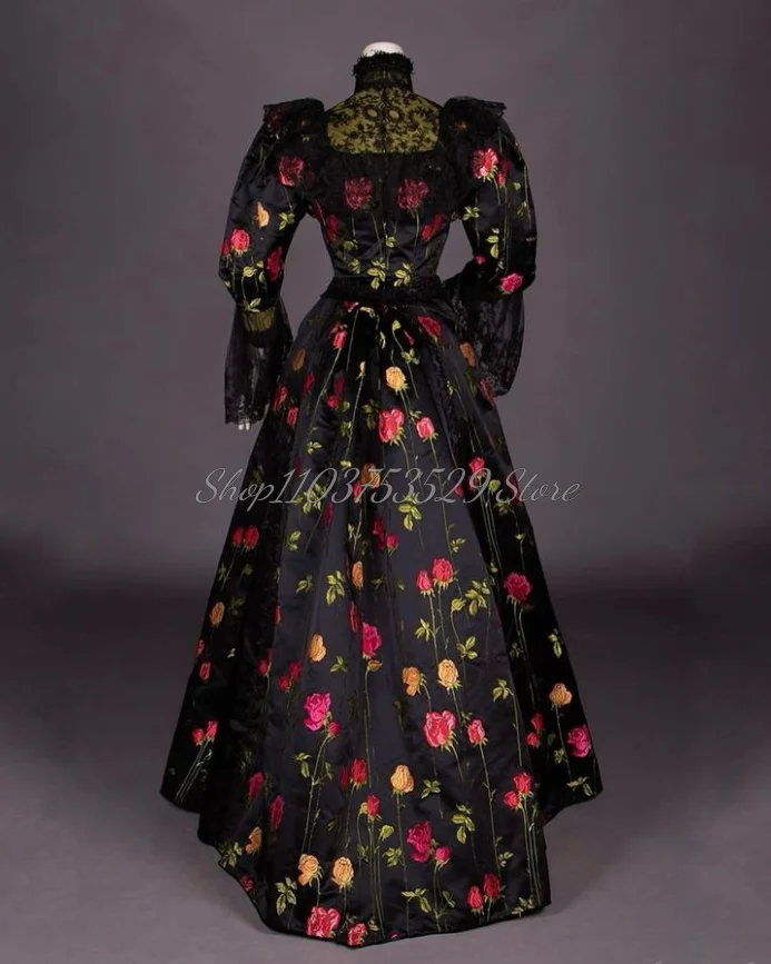 Delicate Square Neck Black Victorian Prom Dress Elegant Floral Embroidery High Neck Flared Sleeve Embroidered Lace Customised