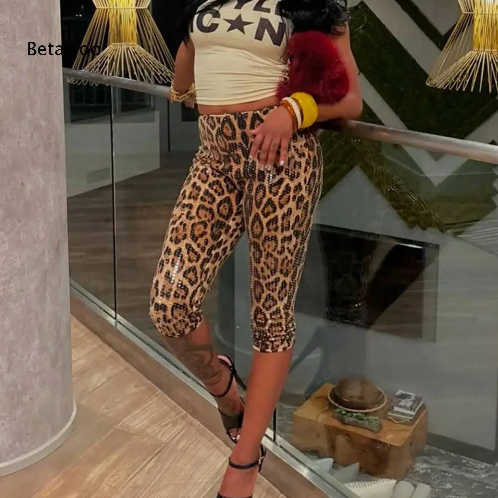 High Waist Leopard Sequin Capri Leggings, Women's Slim Fit Trousers