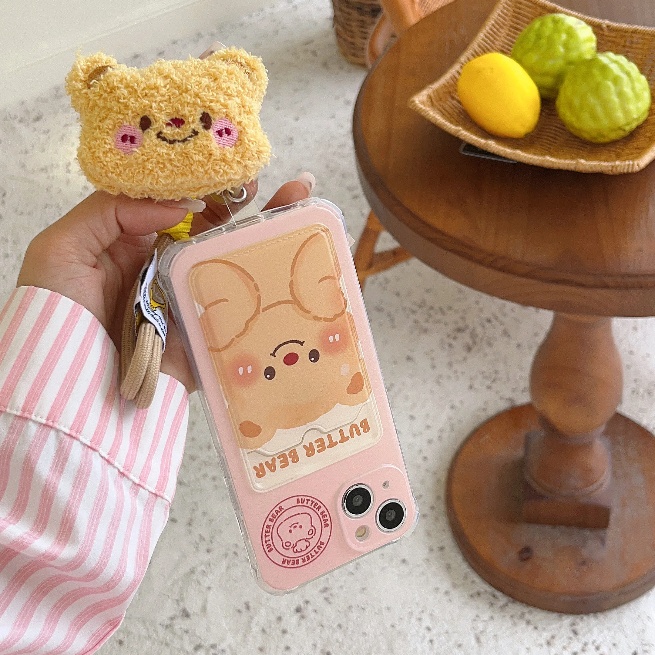 Butter Bear Card Bag Shockproof Phone Case For iPhone 15 11 12 13 14 Pro Max Doll Bear Phone Strap Phone Lanyard Protector