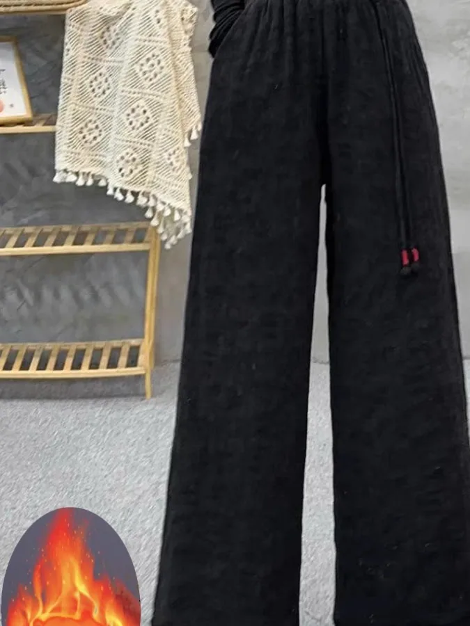 Authentic Vintage Embroidered Cotton Linen Wide Leg Pants Winter Elastic Waist Loose Versatile Long Trousers High Waist Strai...