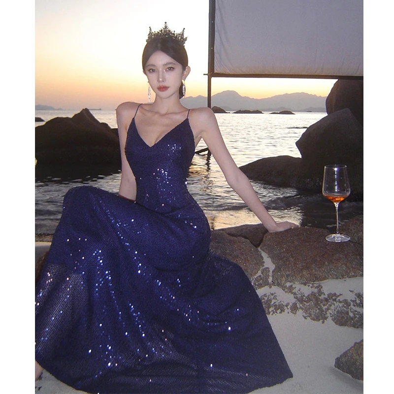 

Вечернее платье макси для взрослых на день рождения, без спинки, на бретельках, блестящее, в винтажном стиле, с глубоким V-образным вырезом, без рукавов, для вечеринки