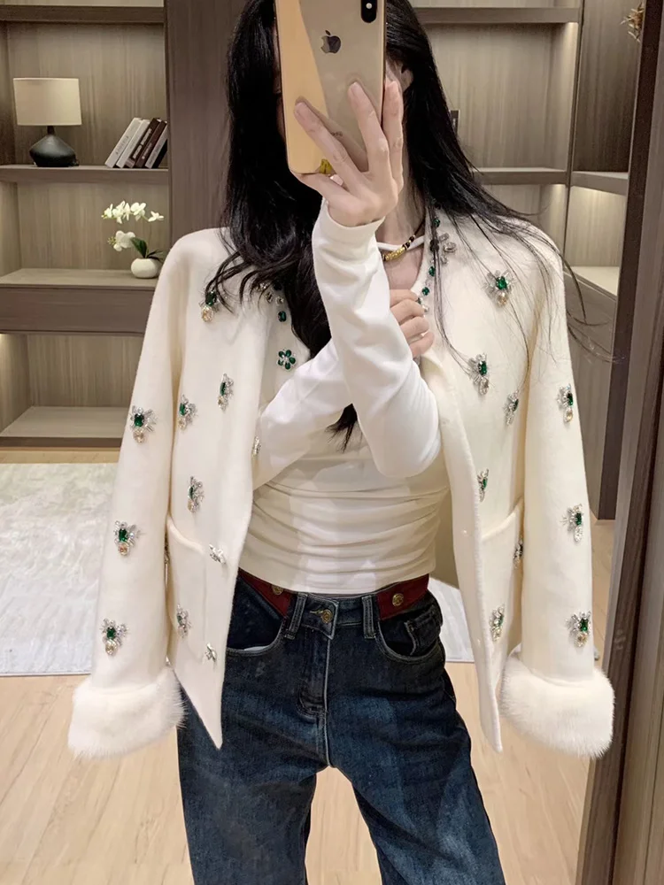 New Women Real Mink Fur Cuffs Cashmere Wool Woolen Coat  Winter Jacket Ladies Outerwear Streetwear