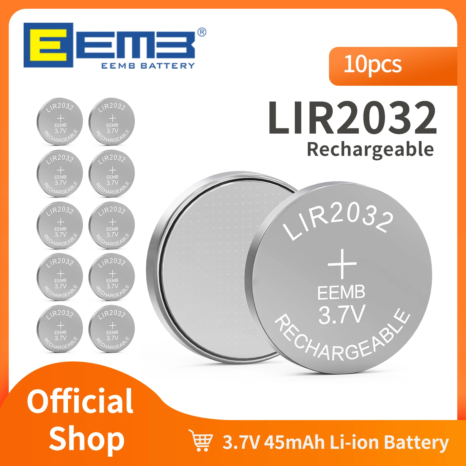 EEMB 10PCS LIR2032 Button Battery 2032 3.7V Rechargeable Battery 45mAh Lithium Cell Coin Batteries for Car Keys Watch