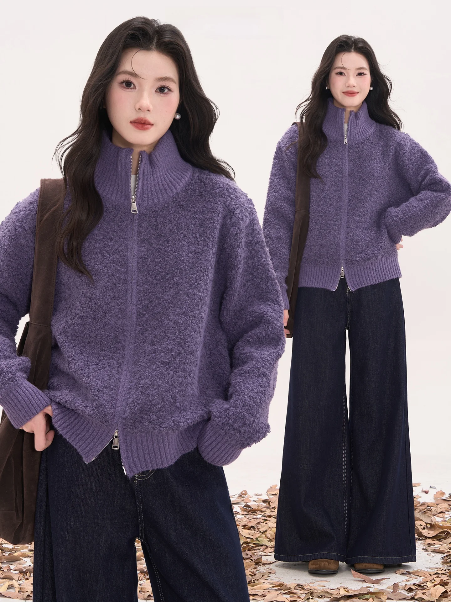 

Корейский утепленный свитер с воротником-стойкой для женщин, зимняя верхняя одежда, кардиган с длинными рукавами и узором в виде кругов Heme Emotion Stable