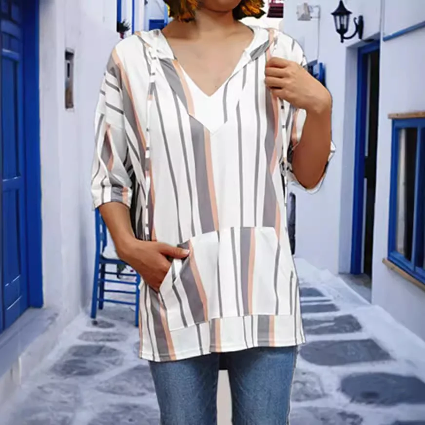 تي شيرت Laid-ba Loose Feeling للنساء ort Sve تي شيرت قاعدة منزلية irt ket بقلنسوة وسلسلة علوية غير رسمية