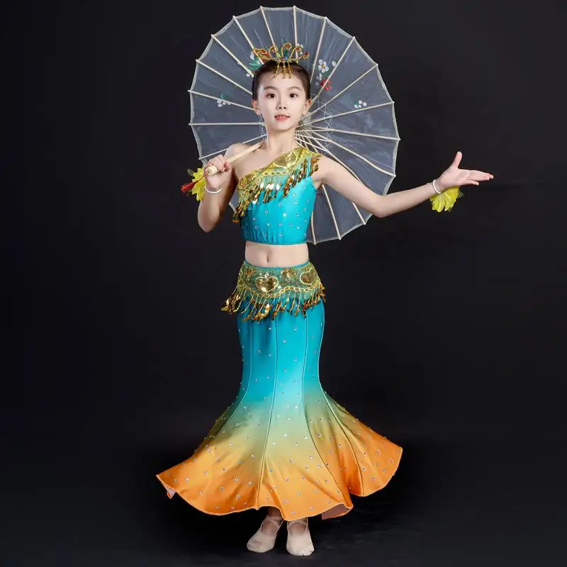 Children'S Dance Performance Outfit adual Tail Fi Tailed Skirt National Practice Skirt Girls' Peaco Dance Performance C...