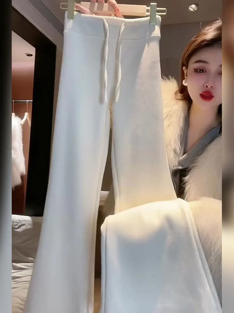 

Белые спортивные брюки для йоги с флисовой подкладкой, расклешенные, с высокой талией, прямые, зимние, новинка, повседневные, широкие брюки для женщин