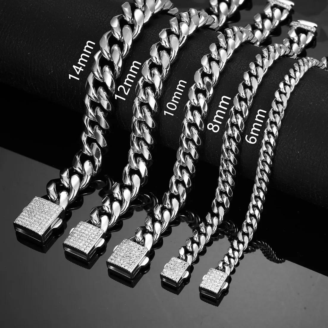 

6/8/10/12/14mm Crystal 316L Stainless Steel Miami Cuban Link Chain Bracelet For Men&Women Hip Hop Jewelry Wholesale Gift