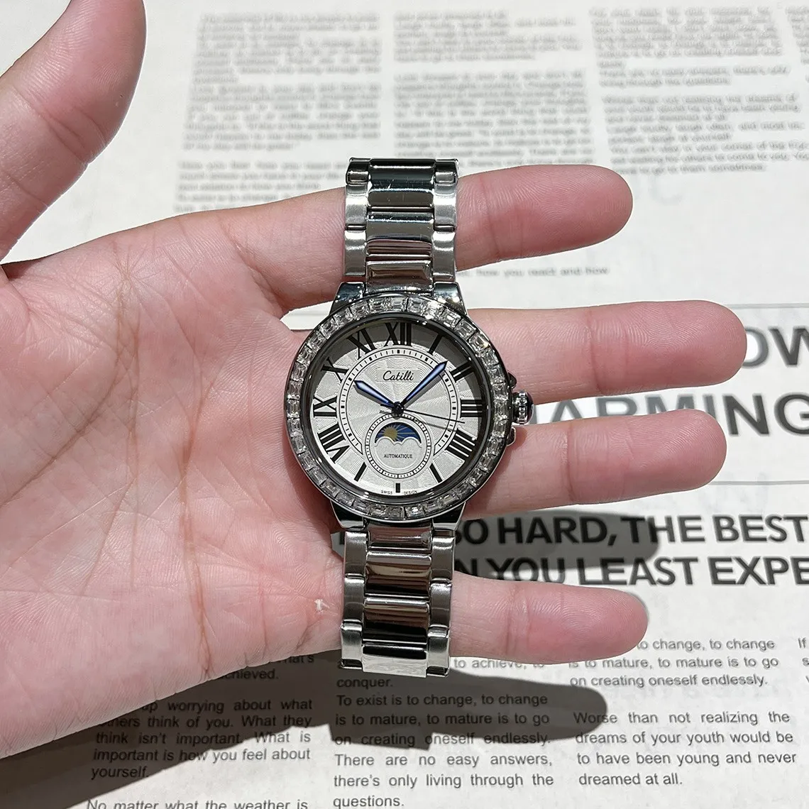 KAIRIS Men's Silver Automatic Watch Roman Numeral Dial Crystal Bezel Stainless Steel Luxury Wristwatch for Men