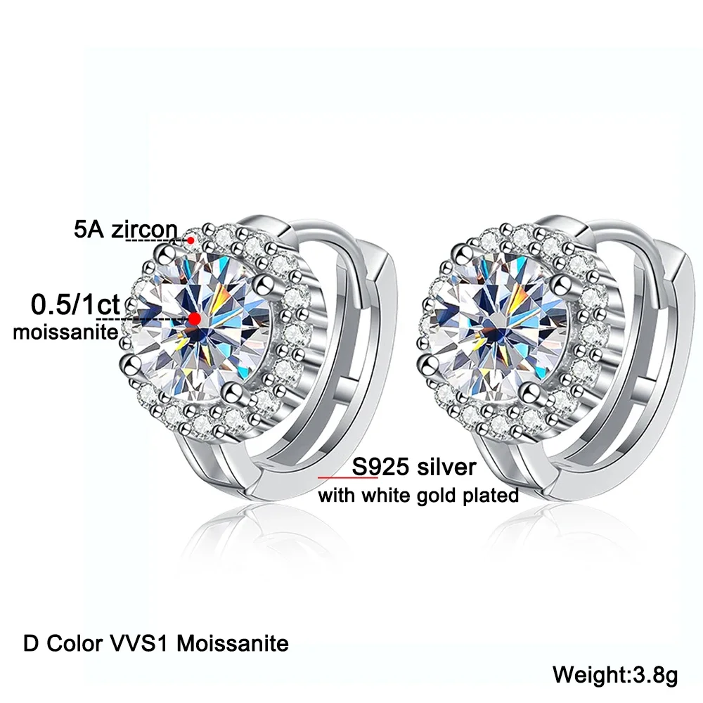 Orecchini Moissanite con certificato 5mm/6.5mm D Color VVS orecchino a cerchio da sposa in argento Sterling 925 con fibbie per le orecchie da donna