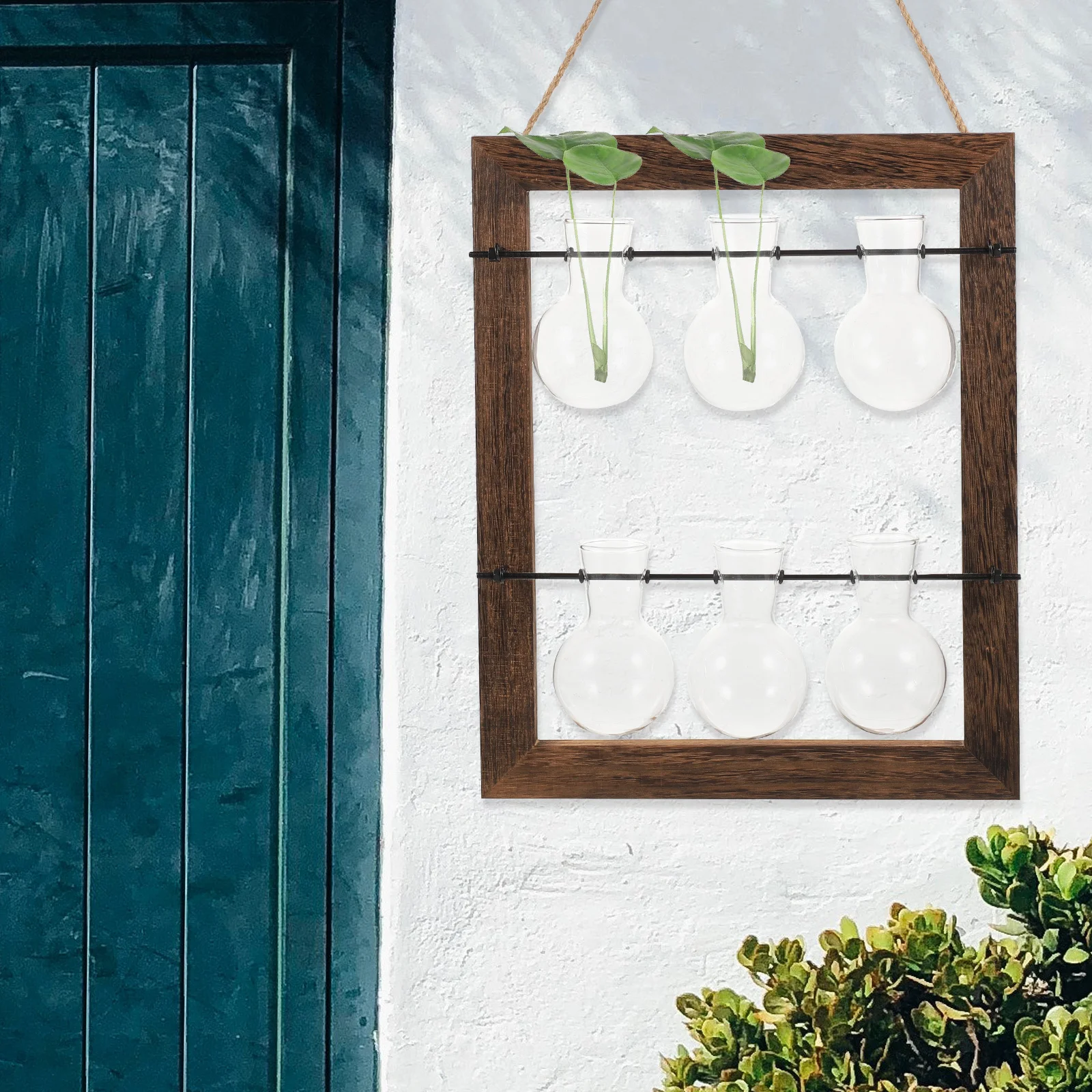 

1Set Wall Hanging Plant Glass Bottle Hydroponic Vase Double Layer Wooden Rack Home Wall Flowerpot for Garden Wedding Decoration