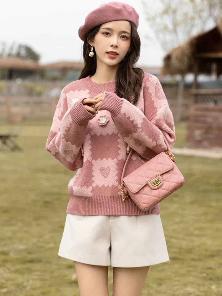 Winter Youth Sweet Women's Knitted Sweater Pink Flower Checkerboard Thickened Warm and Casual Girl's Style Knitted Sweater Tops