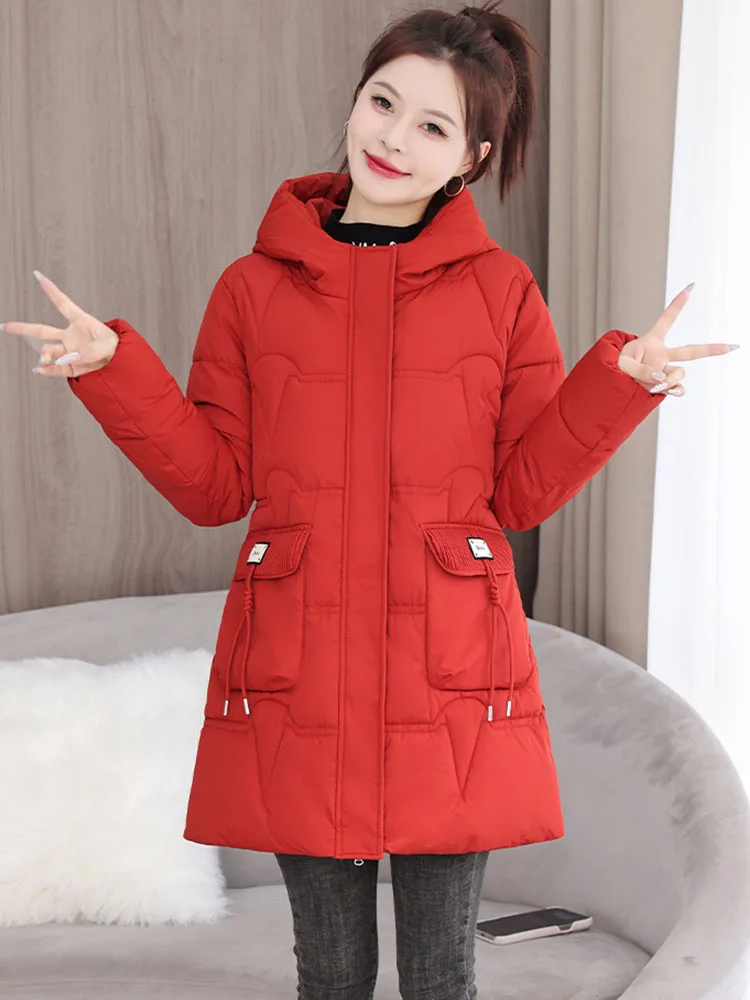 

2026 New Winter Women Jacket Mid Long Hooded Parka Down Cotton Padded Jacket Female Parkas Casual Warm Outwear Snow Wear Coats