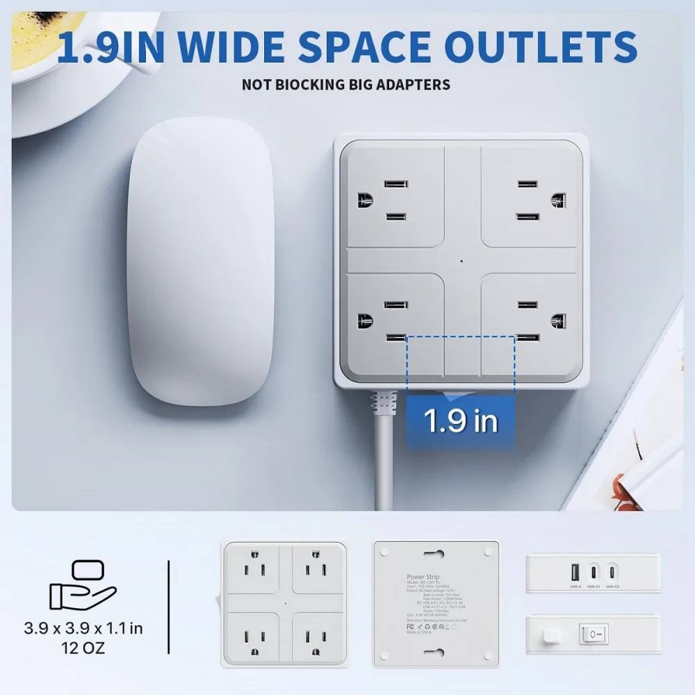 

7 In 1 1250W US Power Strip 1.2M Extension Cord Socket Extender with 4AC Outlets 2USB-C 1USB-A