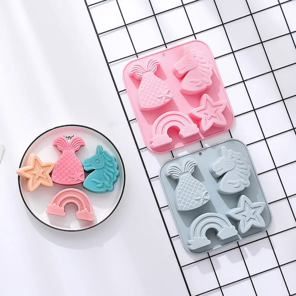 4 Holes Star Rainbow Silicone Chocolate Moulds Unicorn Jelly Biscuit Molds Mermaid Scented Candle Birthday Party Decor Soap Gift