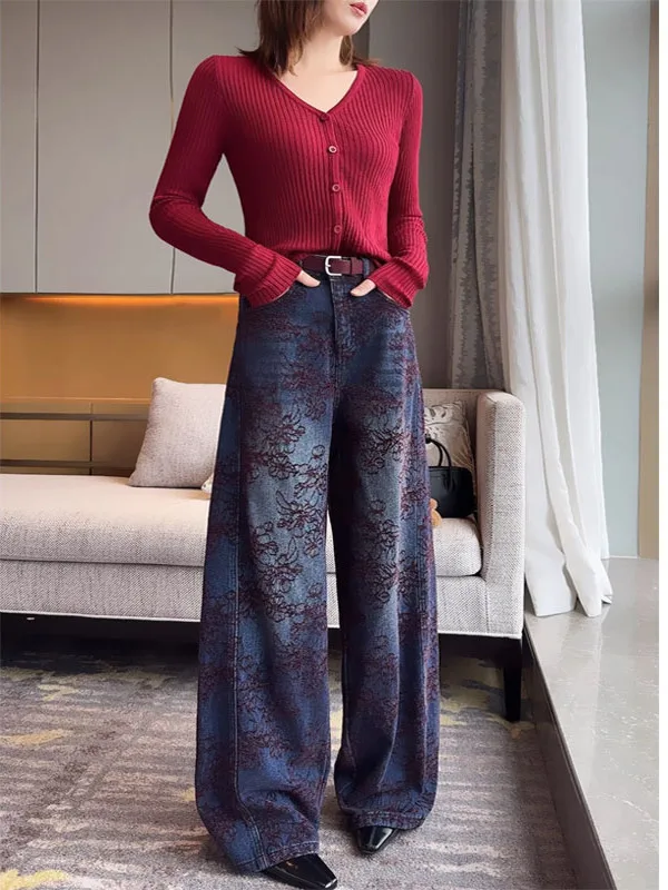 

Женские джинсы с высокой талией из искусственного вельвета с вышивкой, прямые широкие брюки, весенняя новинка, стиль ретро