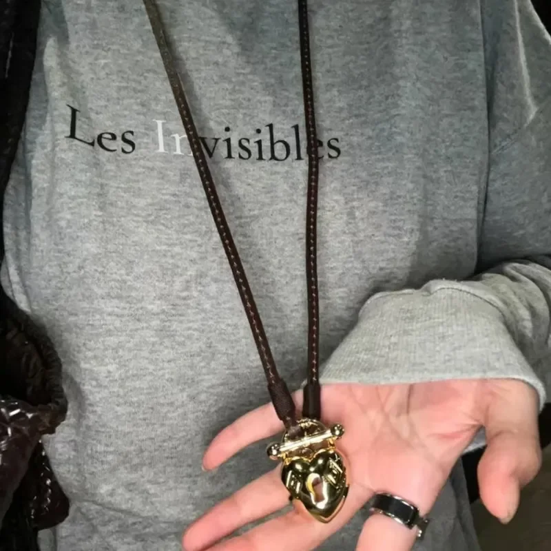 Lock heart human leather rope long necklace female niche design temperament high sense sweater chain personality creative
