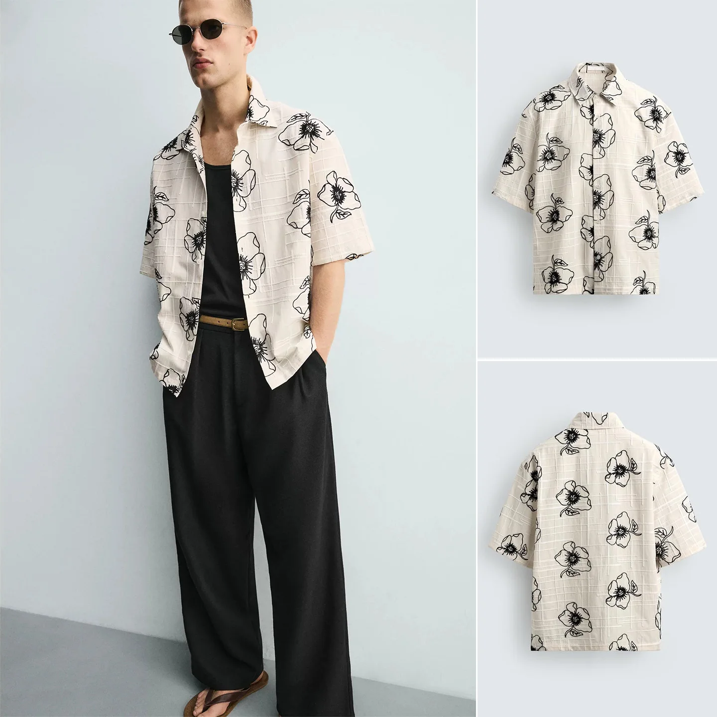 

Loose Fit Floral Embroidery Short Sleeve Shirt Summer New Arrival Men's Casual Style Polyester Fiber Skin-friendly Breathable