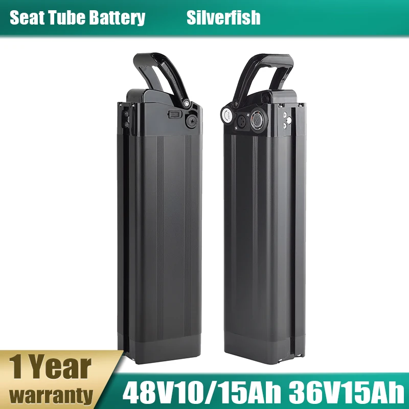 

48V Bateria de lítio ebike 10Ah 15Ah Tube de selle, Silverfish for 250W-1000W Electric Bike with 2Pins Discharge Port 30A BMS