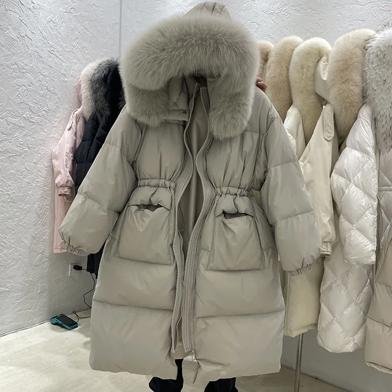 Doudoune longue en duvet de canard blanc pour femme, 2022 duvet de canard blanc, optique féminine, parkas à capuche chaudes, fourrure de raton