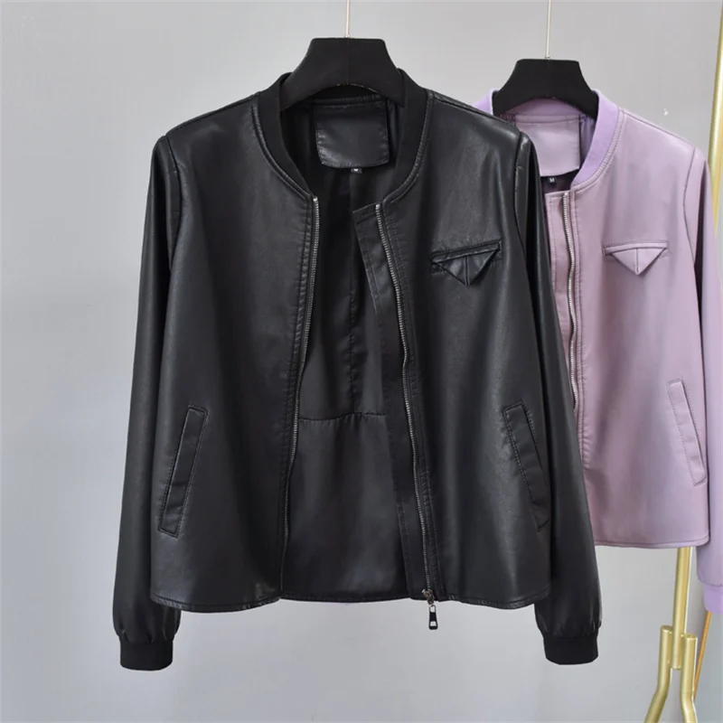 Streetwear Fashion Women Faux Leather Jacket Spring Autumn New Korean Round Neck Long Sleeve Female Short Leather Biker Outwear