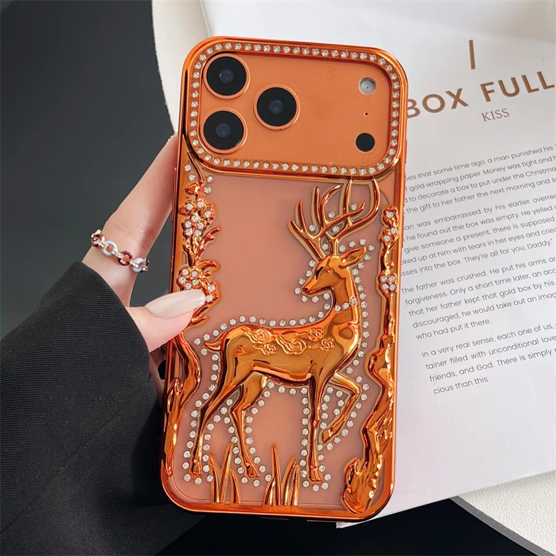 Women Girl's Glitter Diamond Elk Phone Case For iPhone 17 Air 12 13 14 15 16 17 Pro Max Transparent Plating Soft Silicone Cover