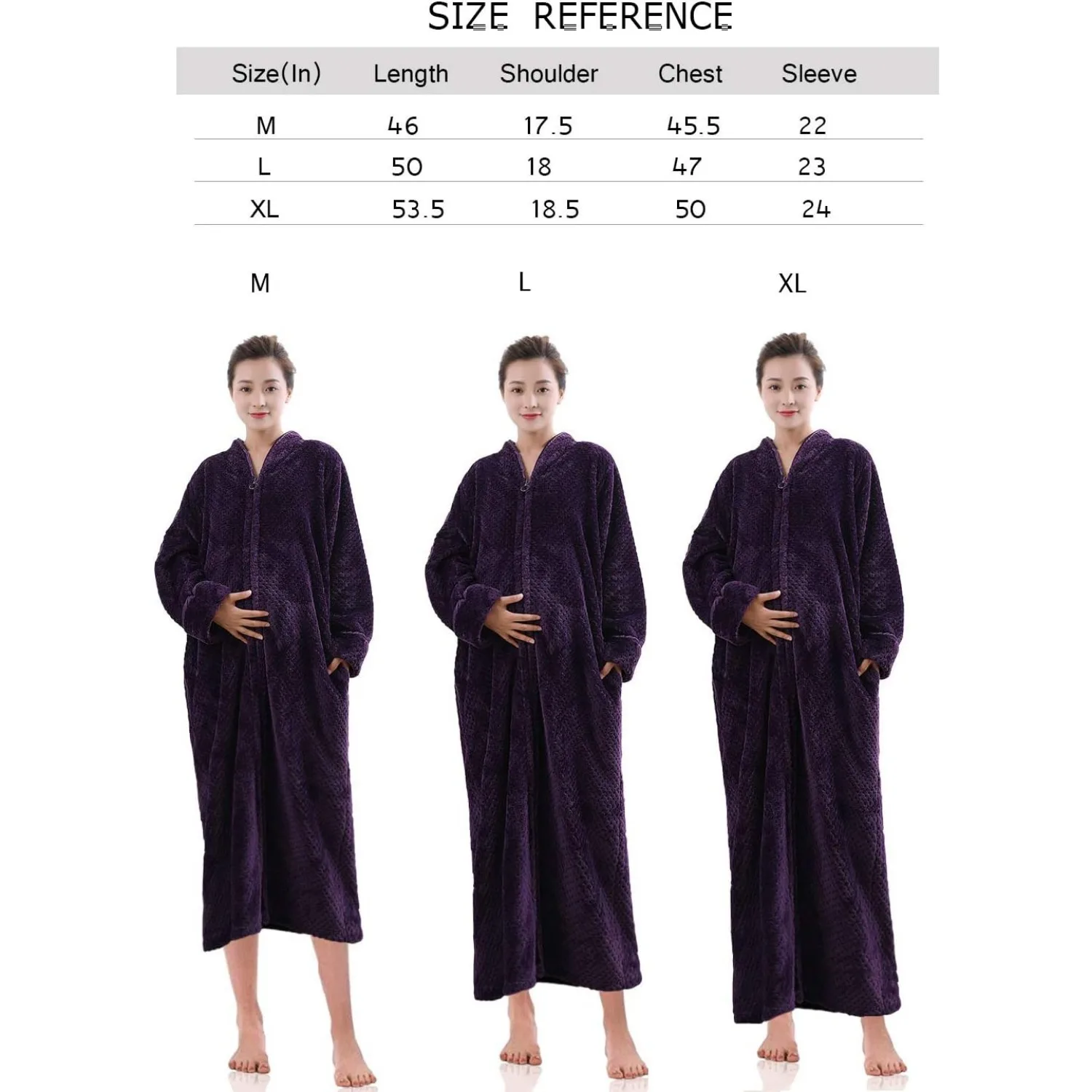 Womens Fleece Robe Plush Long Zip Front Bathrobe with Pockets Warm Soft Zippered Bathrobes for Women Nightgown Sleepwear