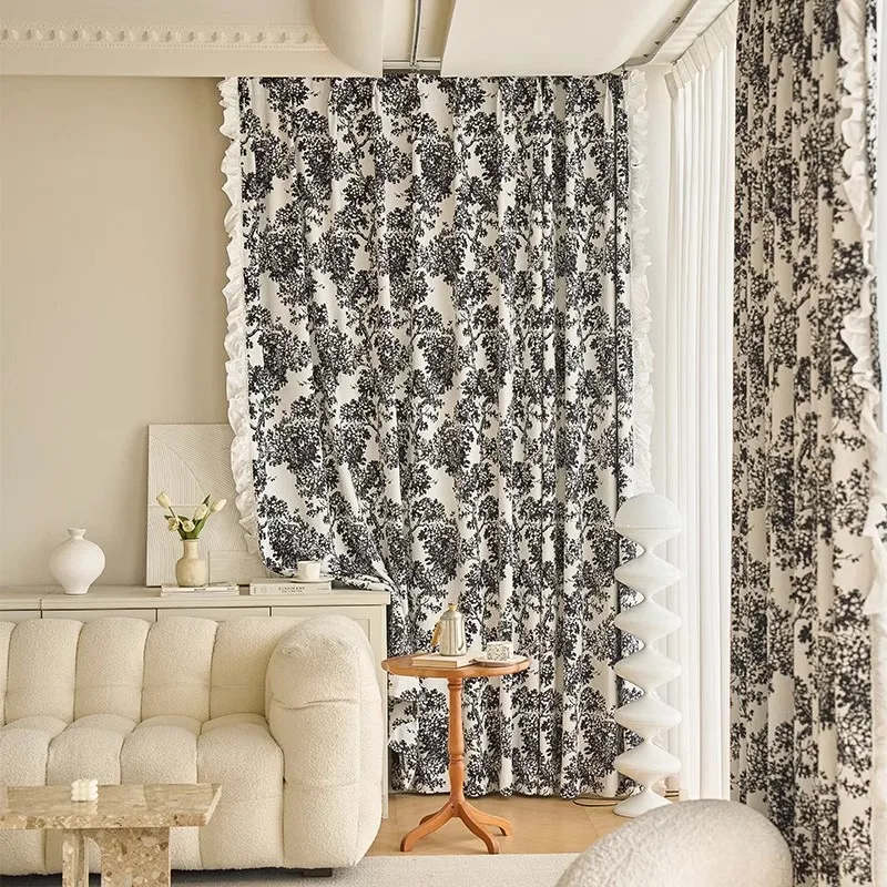 PP1111New curtain black and white bayberry tree American style high blackout curtain fabric