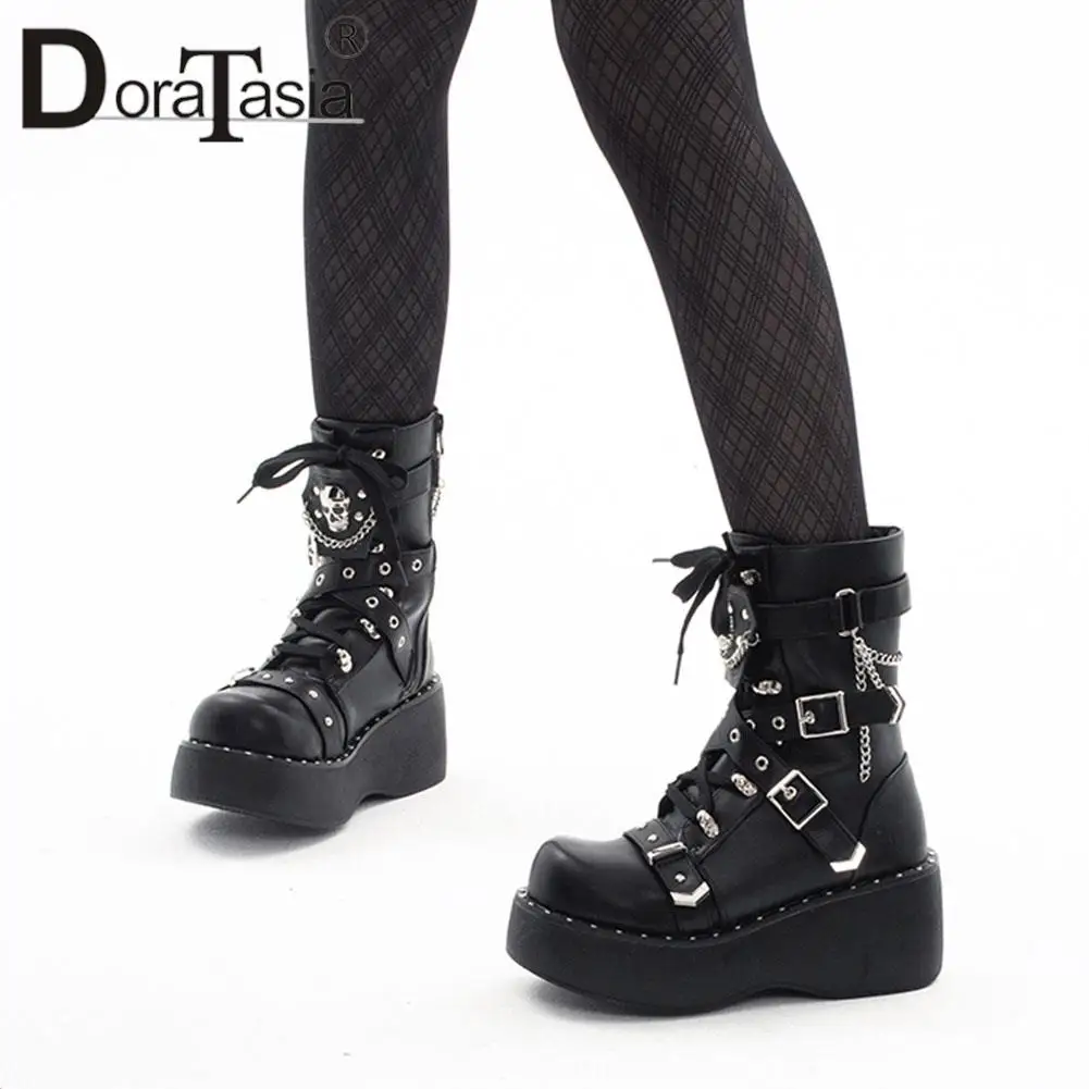 Brand New Ladies Wedges High Heels Boots Fashion Metal Decor Buckle Punk Platform Women\'s Boots Party Goth Street Woman Shoes