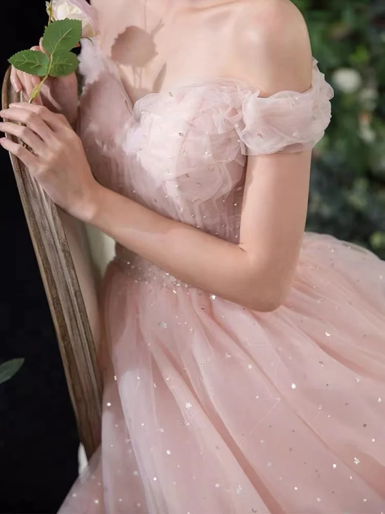 

Sexy Pink Beading Prom Dress For Women Off The Shoulder A Line Sequins Front Ruched Design Tulle Floor-Length Evening Party Gown