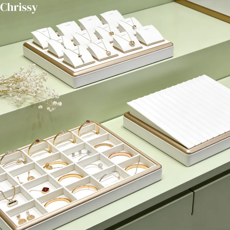 

Round Corner Gold White Jewelry Tray, Metal Edged Display Stand for Ring Necklace Earring Bracelet, Store Counter & Exhibition