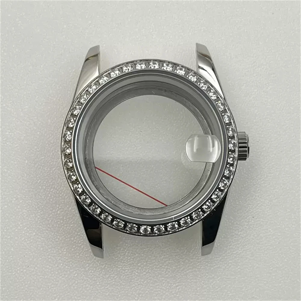 Cassa in acciaio inossidabile NH35 da 36 mm, cassa dell'orologio in vetro zaffiro con lunetta con strass alla moda adatta al guscio del movimento NH35A NH36 4R35A 4R36A