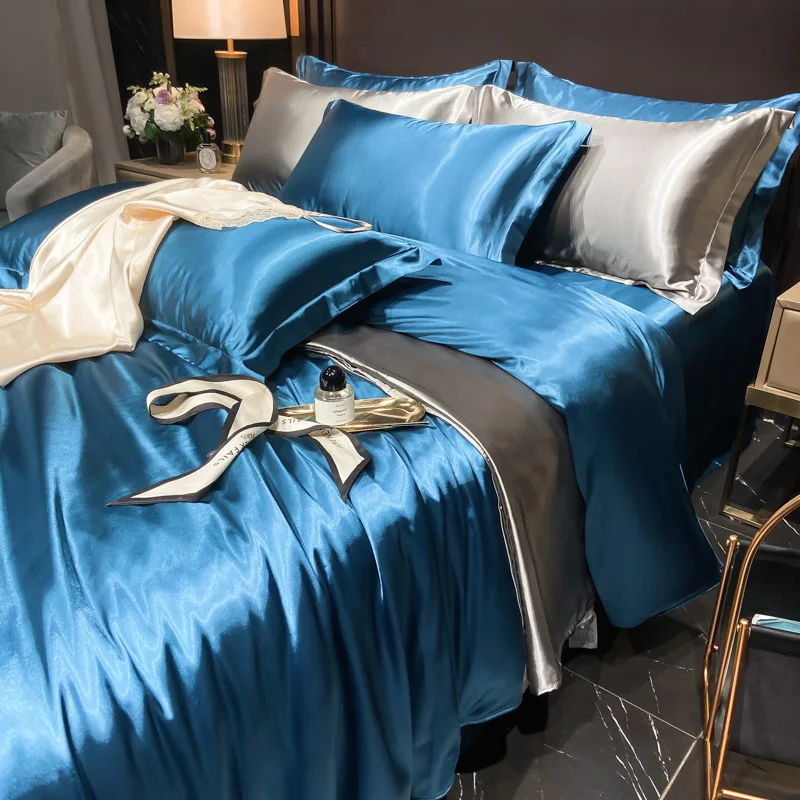 Solid Silk Bedding Set with Duvet Cover Bed Sheet Pillowcases Luxury King Single Double Couple Pillow Case Bedsheet