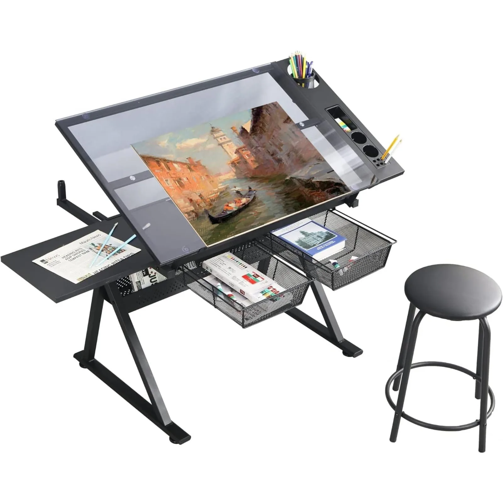 US LifeSky Drafting Table Adjustable for Artists - Art Drawing Desk with Storage for Painting Sketching