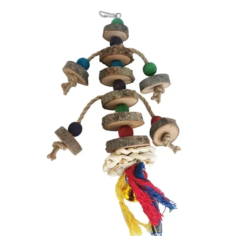 Parrot Chew Toy With Hook Colorful Wooden Beads Ropes Natural Blocks Tearing Toys for Small Medium Birds Mini Macaw Bird