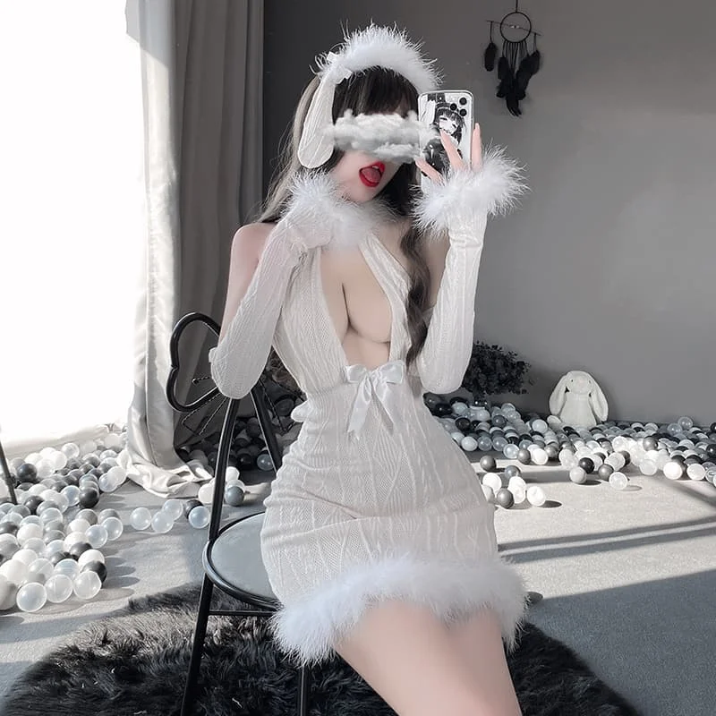 

Women Bunny Girl Cosplay Costumes Halter Backless Plush Slim Bodycon Mini Dress Open Chest Kawaii Lovely Tempatation Furry