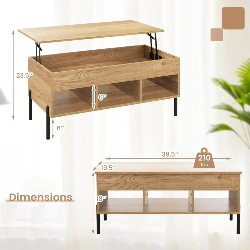 Lift Top Coffee Table - Rectangular Wooden Table w/Hidden Compartment & Open Storage Shelves, Convertible Lift-Top Console Table