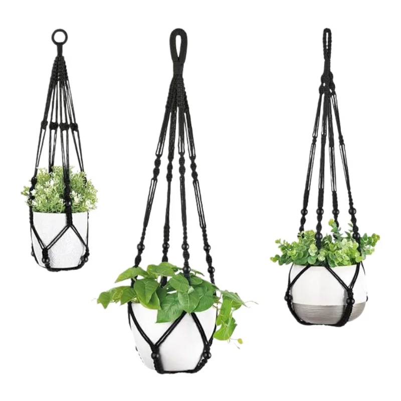 3pcs Bohemian Handmade Cotton Rope Macrame Hanger Net Basket for Hanging Plant Flower Pot Eco-Friendly Decorative Home Garden Ac