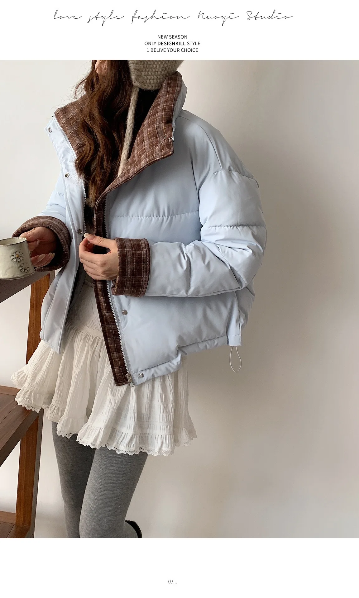 American Plaid Patchwork Puffer Jacket Women Winter Thick Stand Collar Short Parkas Woman Korean Casual Preppy Style Outerwear