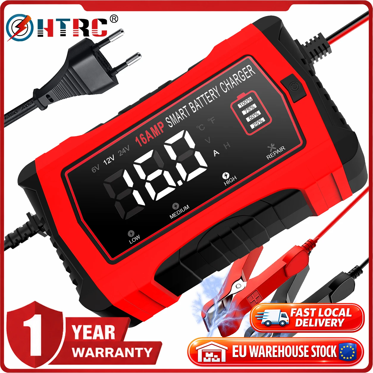 HTRC 16A 12V 24V Batterieladegerät für Smart Car Batterie, Reparatur von Auto- und Motorrad-Batterien, Blei-Säure-, AGM-, GEL-, PB-, Lithium- und LiFePo4-Batterien