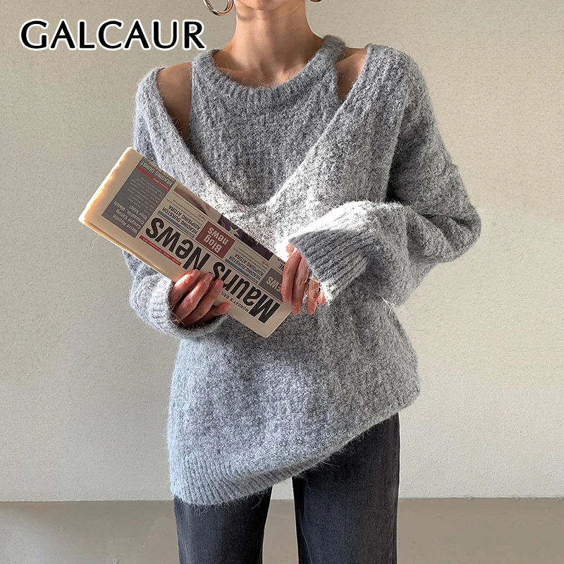 GALCAUR Knitted Top Two Piece Set For Women Sleeveless Vest V Neck Off Shoulder Long Sleeve Sweater Sexy Suit Female Autumn New