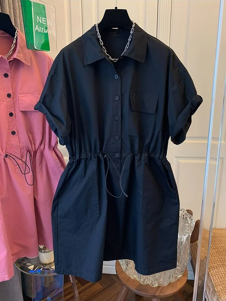 Nomikuma Safari Style Shirt Dress Casual Medium Length New for Summer 2024 Women Drawstring Slim Waist Vestidos De Mujer