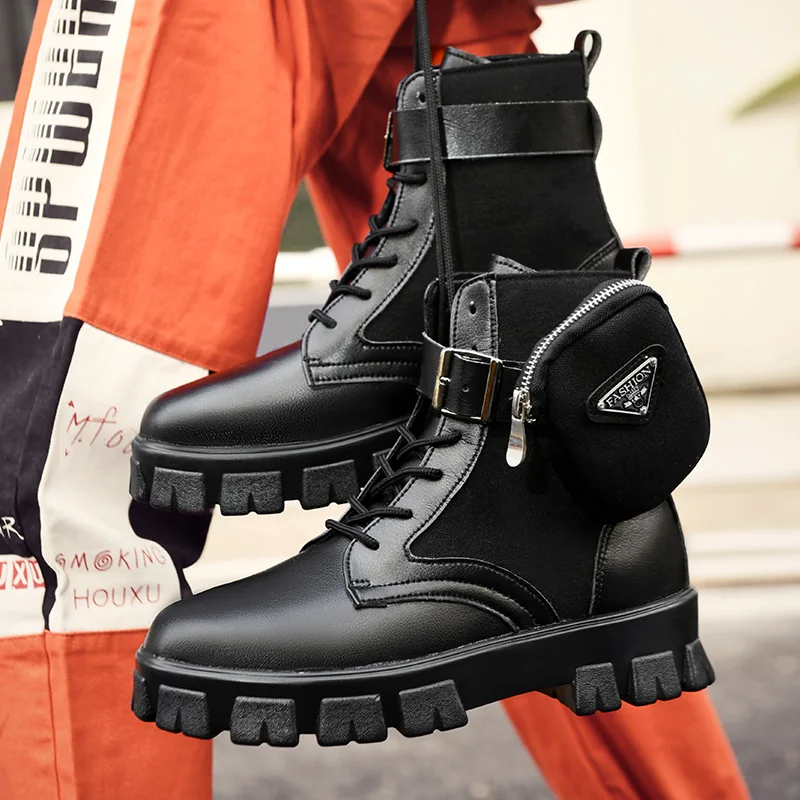 Punk Style Men\'s White Boots Leather Pocket Design Men Platform Boots Comfortable Lace-up Men Black Ankle Boots Botines Hombre