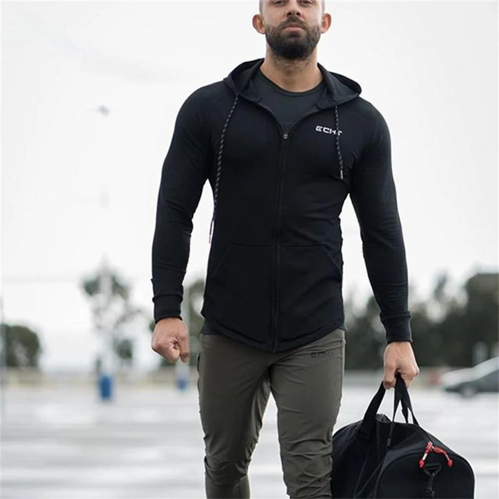 Men Autumn Cotton Casual Hoodies Zipper Sweatshirt Outerwear Gym Fitness Workout Sportswear Tops Male Running Training Clothing