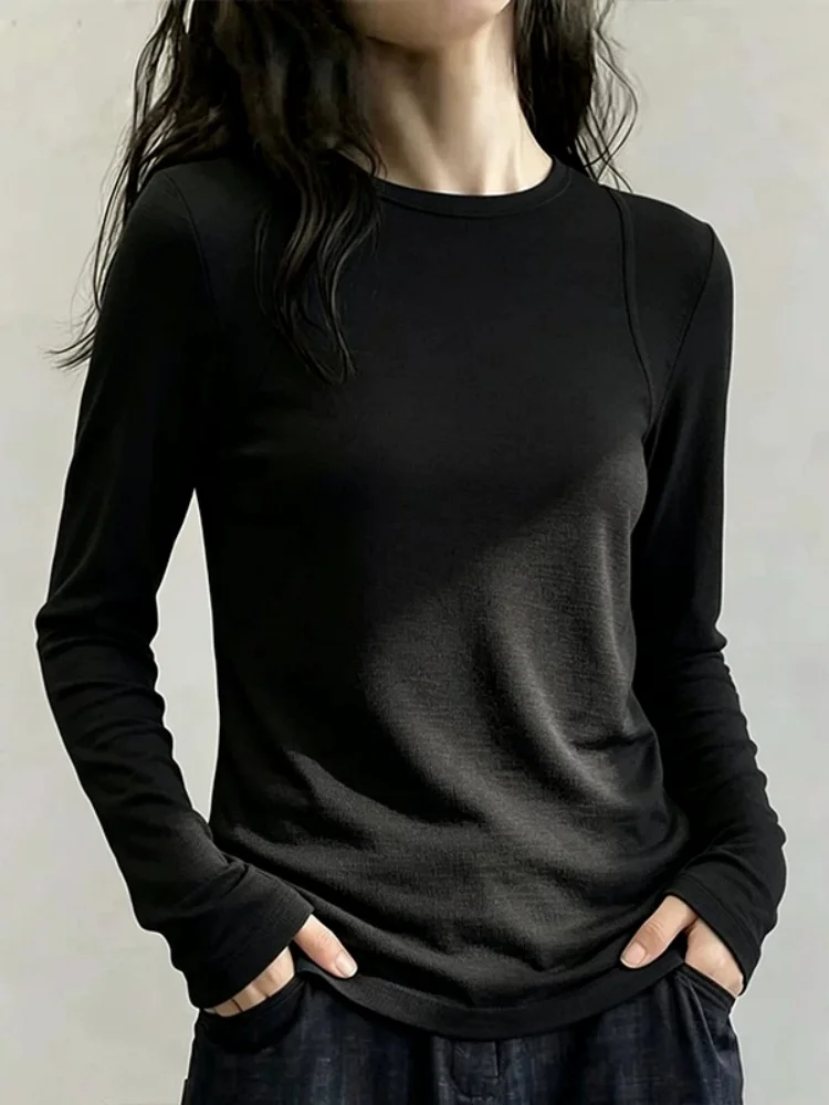 Black Casual Long Sleeve T-Shirt Women's round Neck Base Shirt Top Fashionable Anti-Aging Slimming Bottoming Commute Style