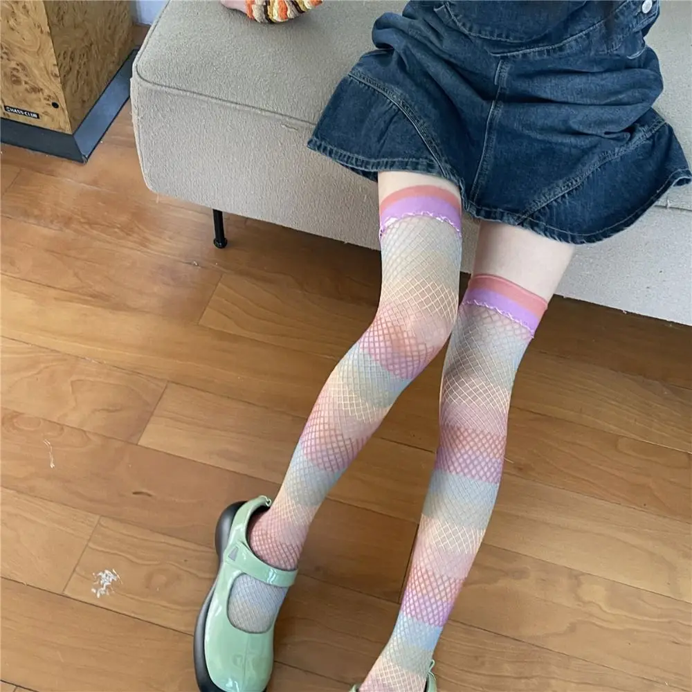 

Funny Elastic Rainbow Fishnet Stockings Breathable Thin Coforful Mesh Stockings Harajuku Slimming Gradient Color Socks Girl